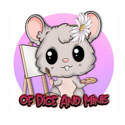 A mouse stares at a d20 above the words "Of Dice and Minis". The entirety is surrounded by overlapping gold hexagons and pink and maroon flowers.